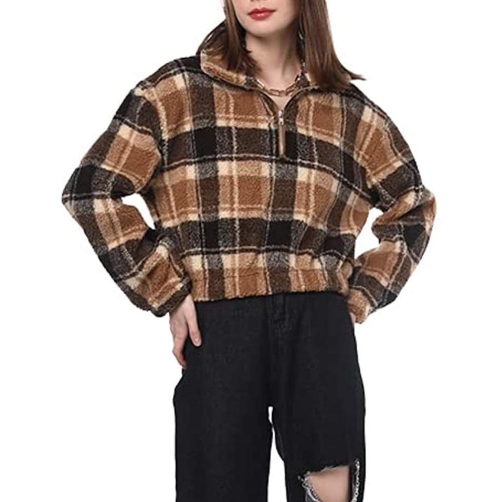 🤎 Faux Sherpa Half Zip Crop Pullover